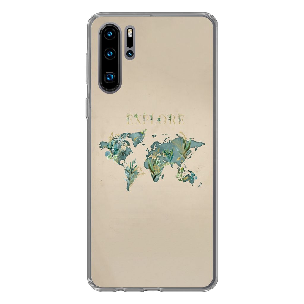 MuchoWow Handyhülle Schutzhülle Hülle für Huawei P30 Pro Weltkarte - Pflanzen - Wasser Silikon Softcase Handy Hülle - Schutzdeckel