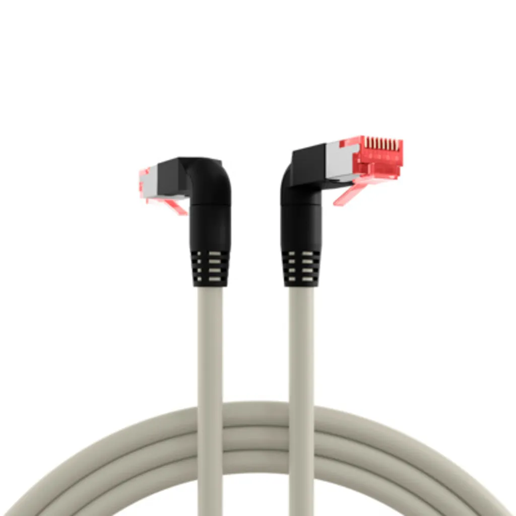 Câble RJ45 Coudé 90° Cat.6A S/FTP 0.5m Gris contre les Torsions de Port