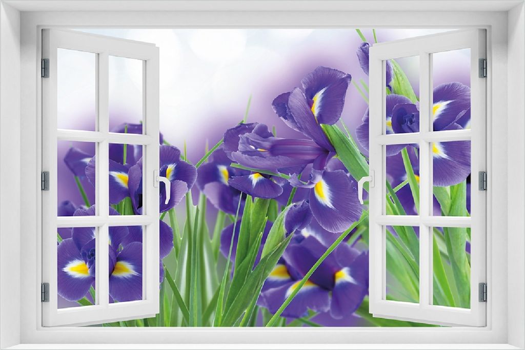 Wallario selbstklebendes Poster mit Fenster-Illusion - Abstrakte blaue Schwertlilien in Nahaufnahme, Größe: 100 x 150 cm