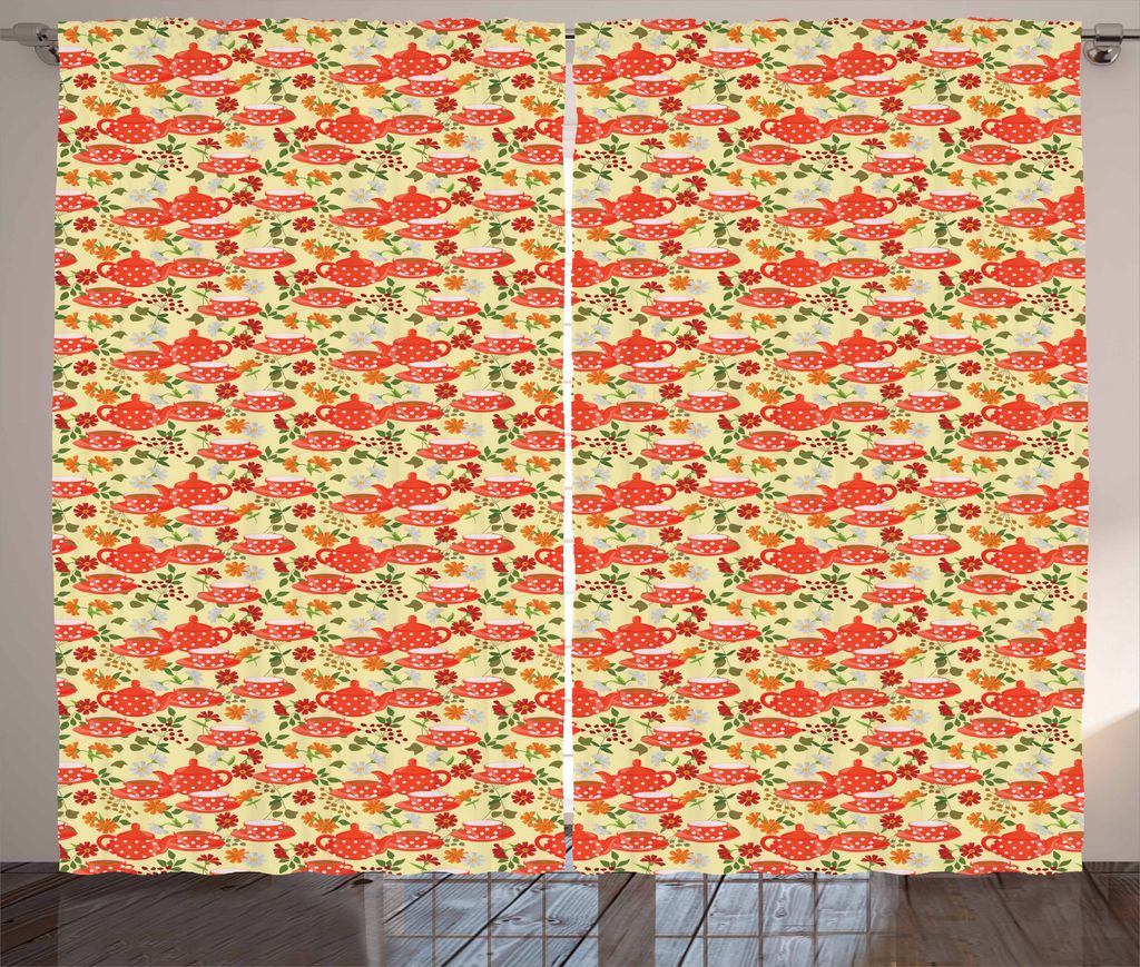 ABAKUHAUS Tee-Party Rustikaler Gardine, Töpfe Cups auf Blumen, Schlafzimmer Kräuselband Vorhang mit Schlaufen und Haken, 280 x 175 cm, Mehrfarbig