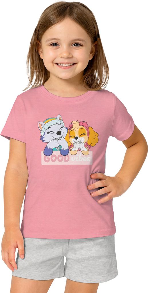 Paw Patrol Schlafanzug für Mädchen - Good vibes Kinder Pyjama Set Kurzarm Oberteil mit Hose Rosa/Grau 98-104