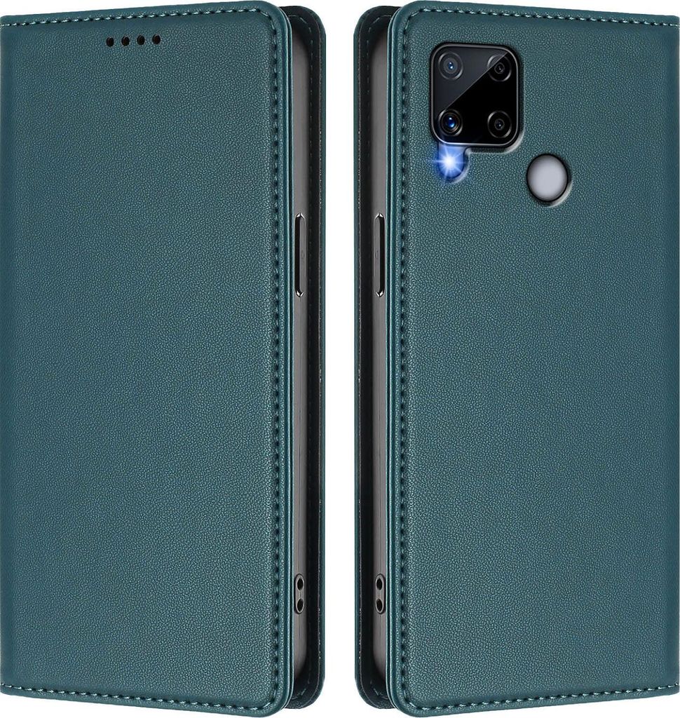 Handyhülle für Realme C25, Kunstleder Klapphülle Stoßfeste Magnetische Hülle mit Ständer Grün