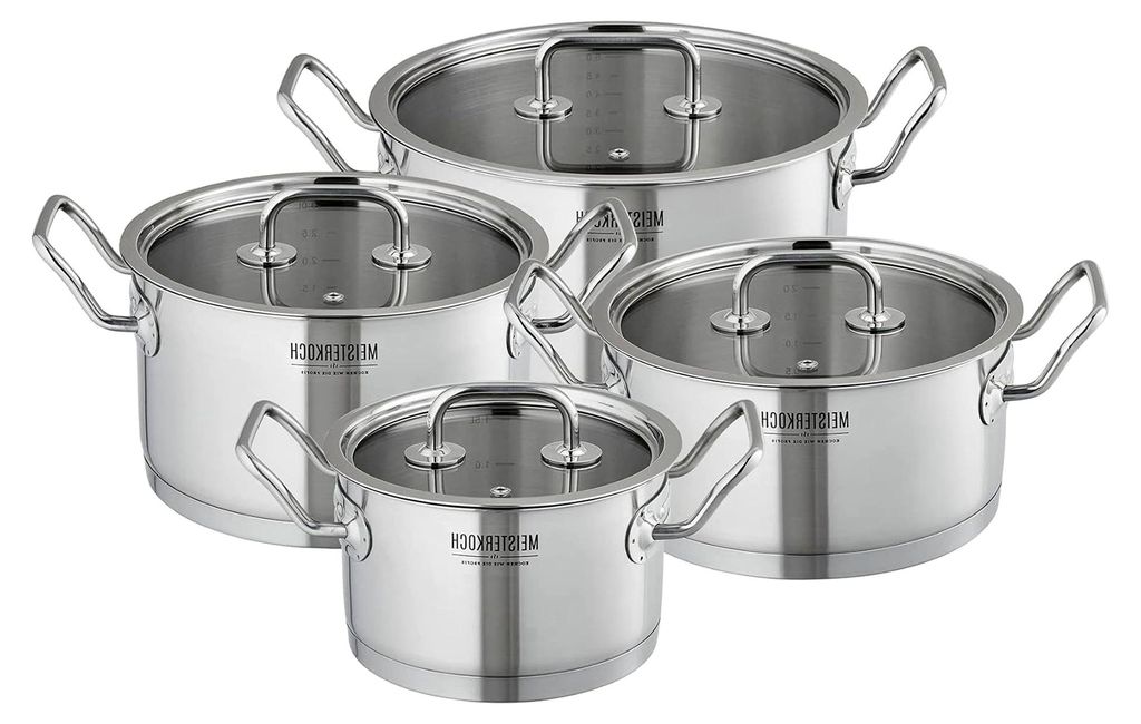 4-teiliges Topfset aus Edelstahl, Induktion, spülmaschinengeeignet mit flachen Glasdeckeln