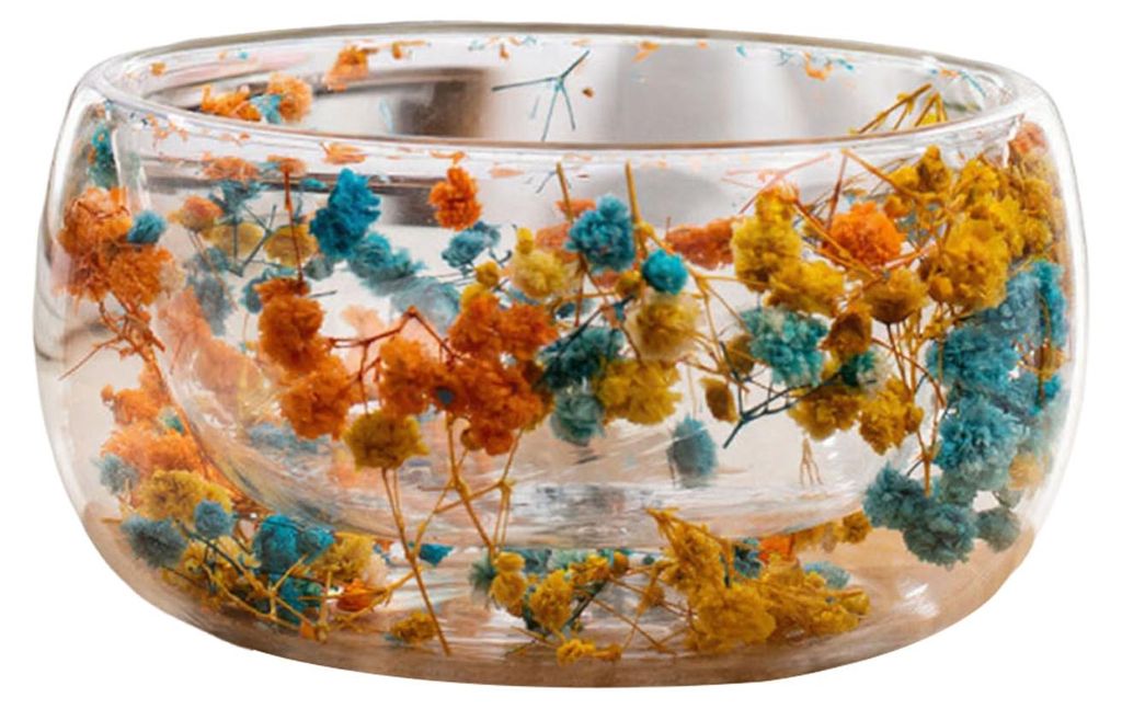300 ml Glasschüssel, doppelwandige Borosilikatglasschüssel mit getrockneten Blumen, kunstvoll verzierte Suppen- und Dessertschüssel