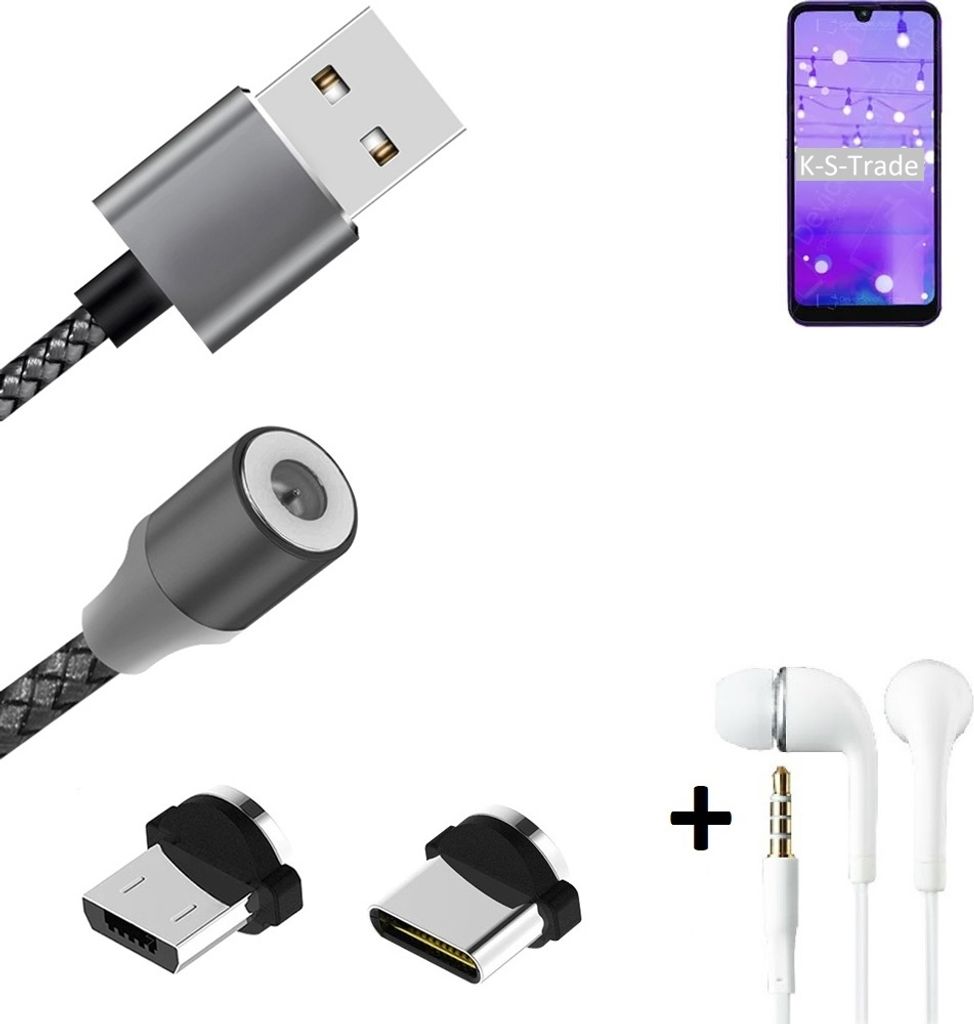 K-S-Trade Hochwertiges Magnet-Lade-kabel Sync-Kabel Daten-Kabel + Kopfhörer für LG Electronics W11 mit USB-Typ-C-Anschluss und Micro-USB-Anschluss