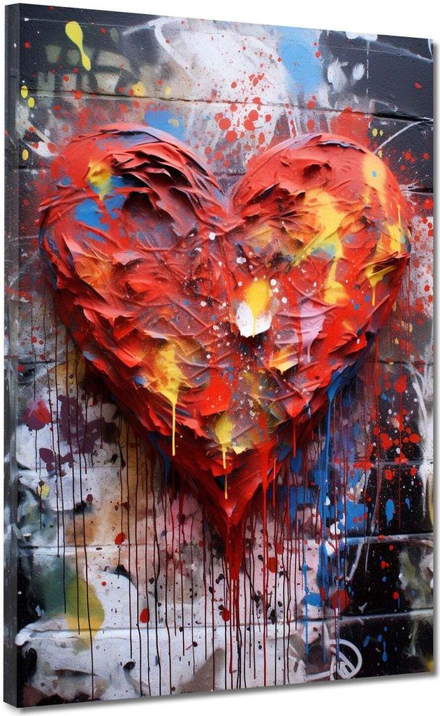 Leinwandbild Wandbild abstrakt Herz Paint Style Kunstdruck XL Wanddeko: 60x80x4cm