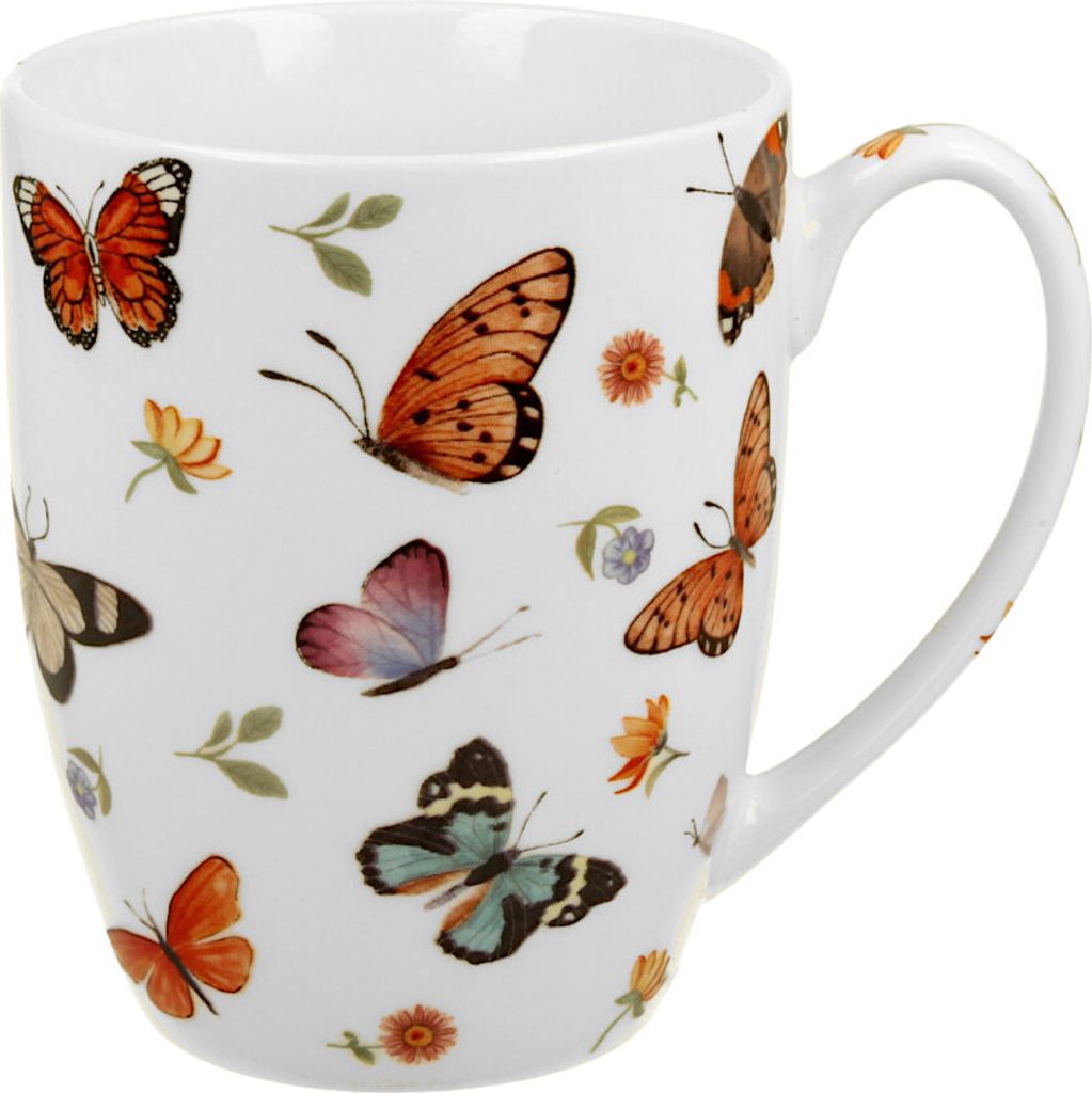 DUO CROCUS Kollektion klassische Becher 350 ml BUTTERFLIES in Tragetasche, New Bone China Porzellan