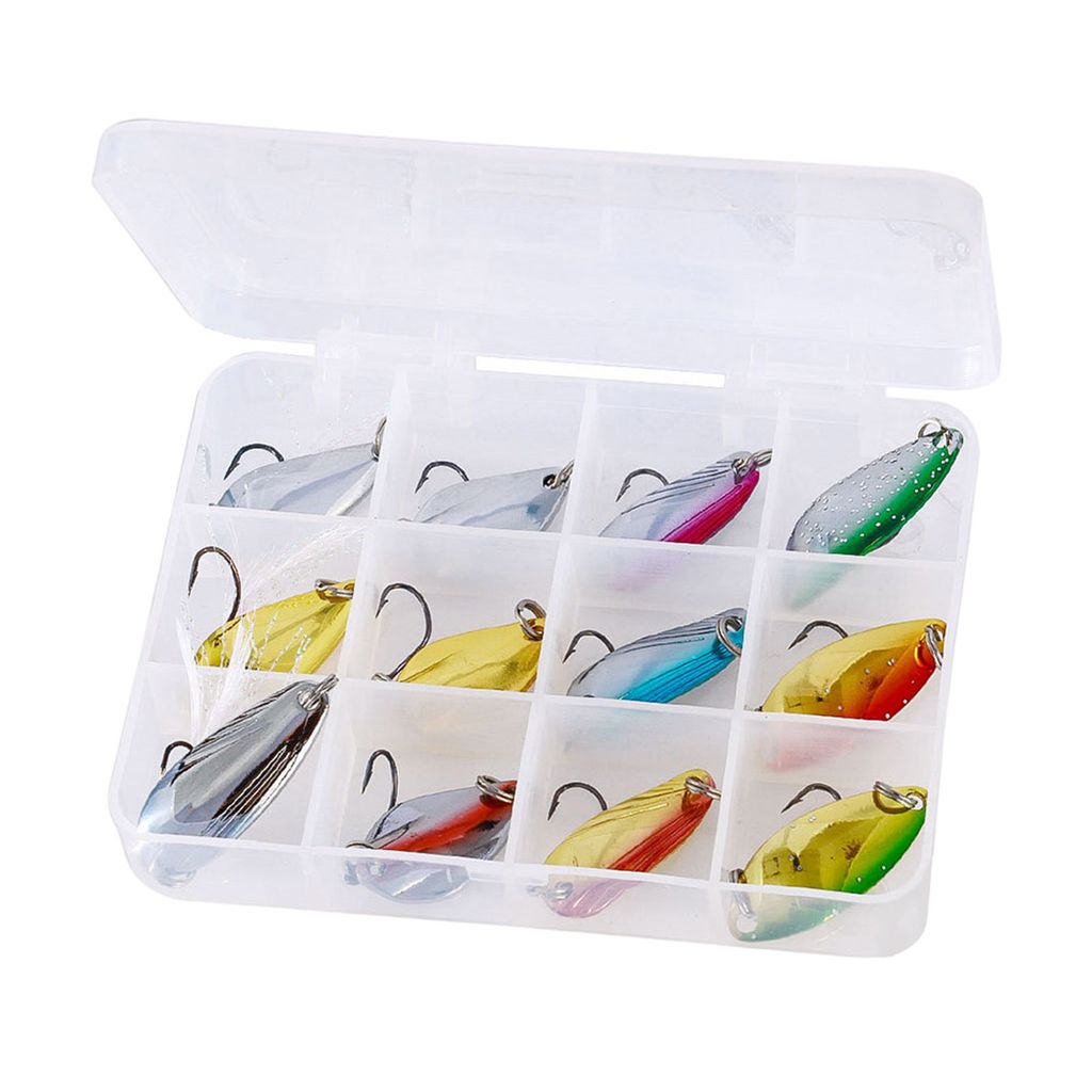 12 Stück Angelköder mit Box scharfer Haken gute Wurffähigkeit mehrere Größen Metall Pferdemaul Schnabel Forelle Pailletten Outdoor-Angeln-B