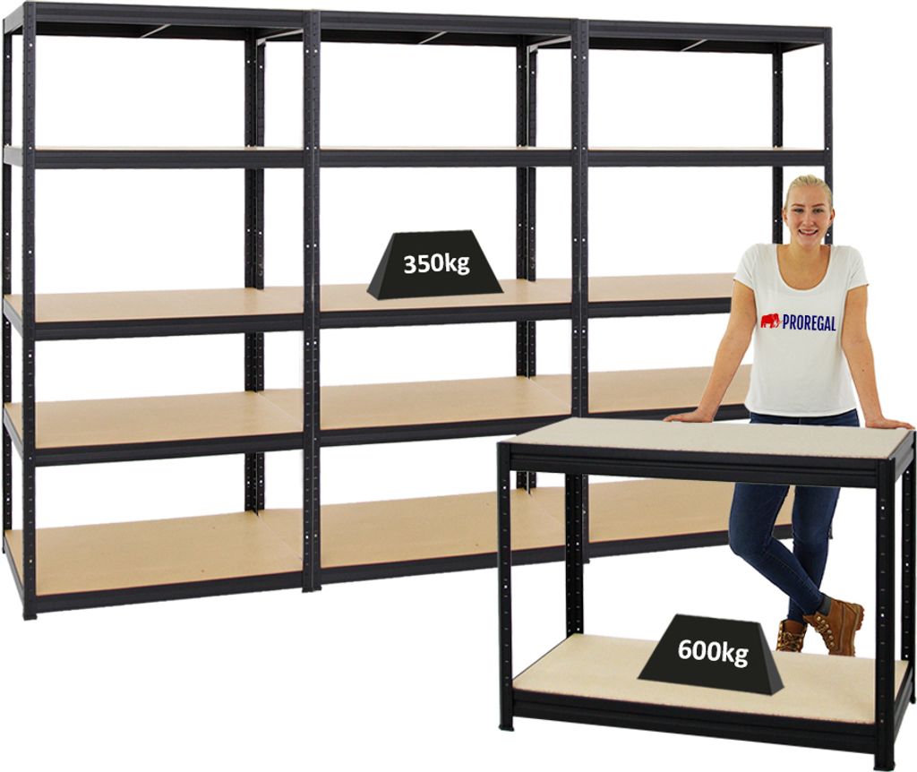 Mega Deal | 3x Schwerlastregal Slim Elephant M & 1x Höhenverstellbare Werkbank Slim DINO | Fachlast bis zu 600kg | Schwarz