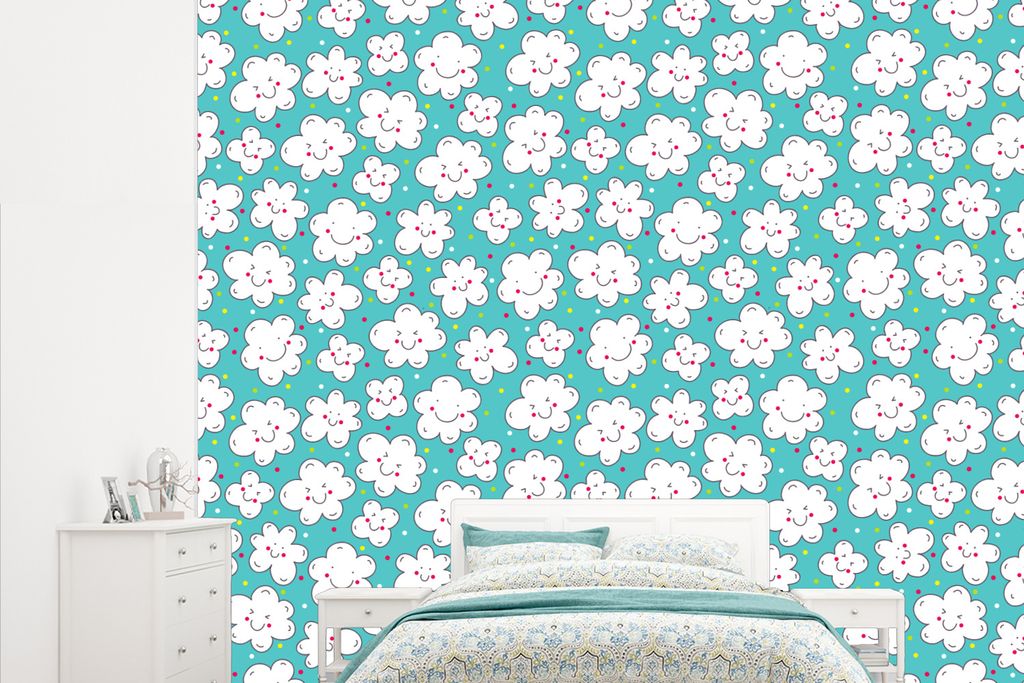 MuchoWow Fototapete für Wohnzimmer oder Schlafzimmer Wandtapete Vinyl Motivtapete Muster - Wolke - Himmel - Jungen - Kinder - 265x220 cm - Die K...