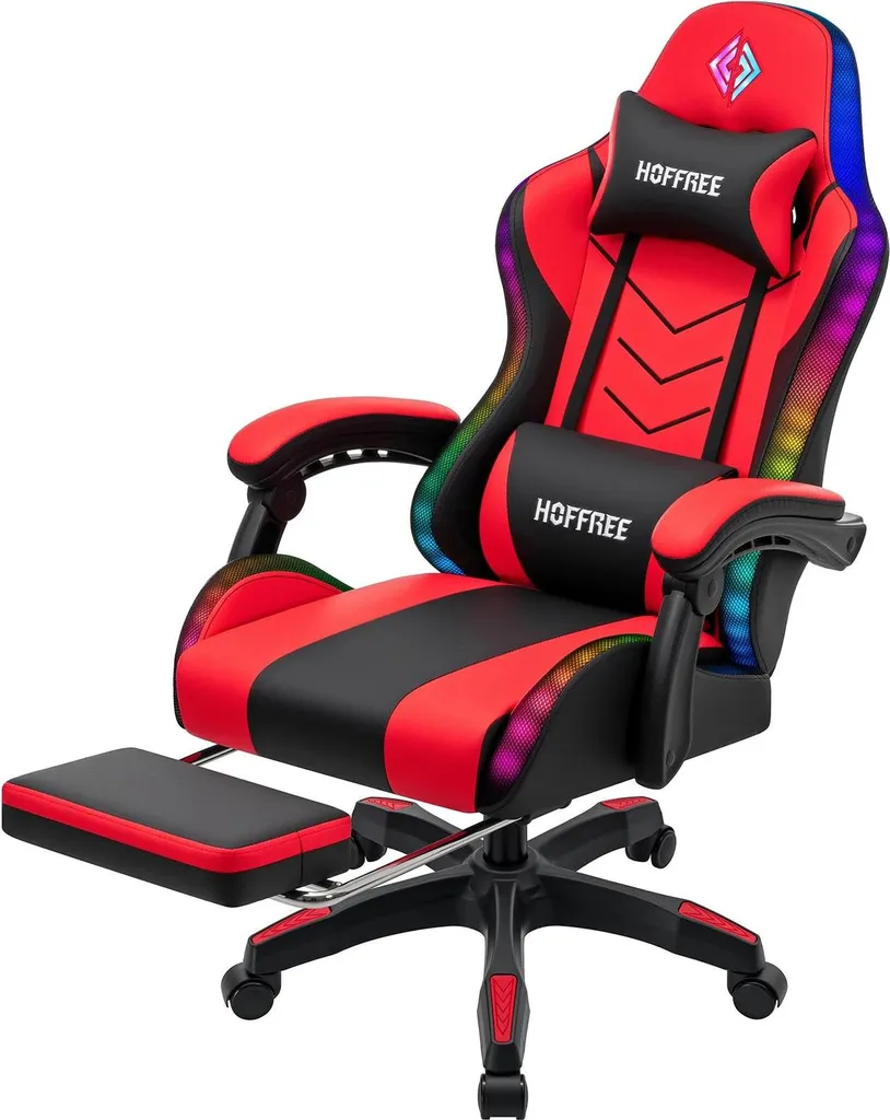 Fauteuil gaming RGB cuir rouge avec massage et repose-pieds - 136 kg