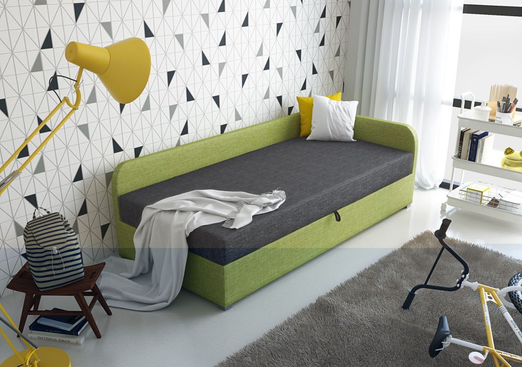 Roe Furniture | Tagesbett - UNO - 90x200 cm - Grün&Grau - Jugendbett - Rechte - Bett mit Bettkasten - Boxspringbett - Taschenfederkern-Matratze