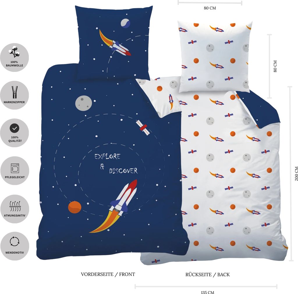 Weltall, Rakete, Planeten Bettwäsche Set 135x200 + 80x80 Produktbild 2