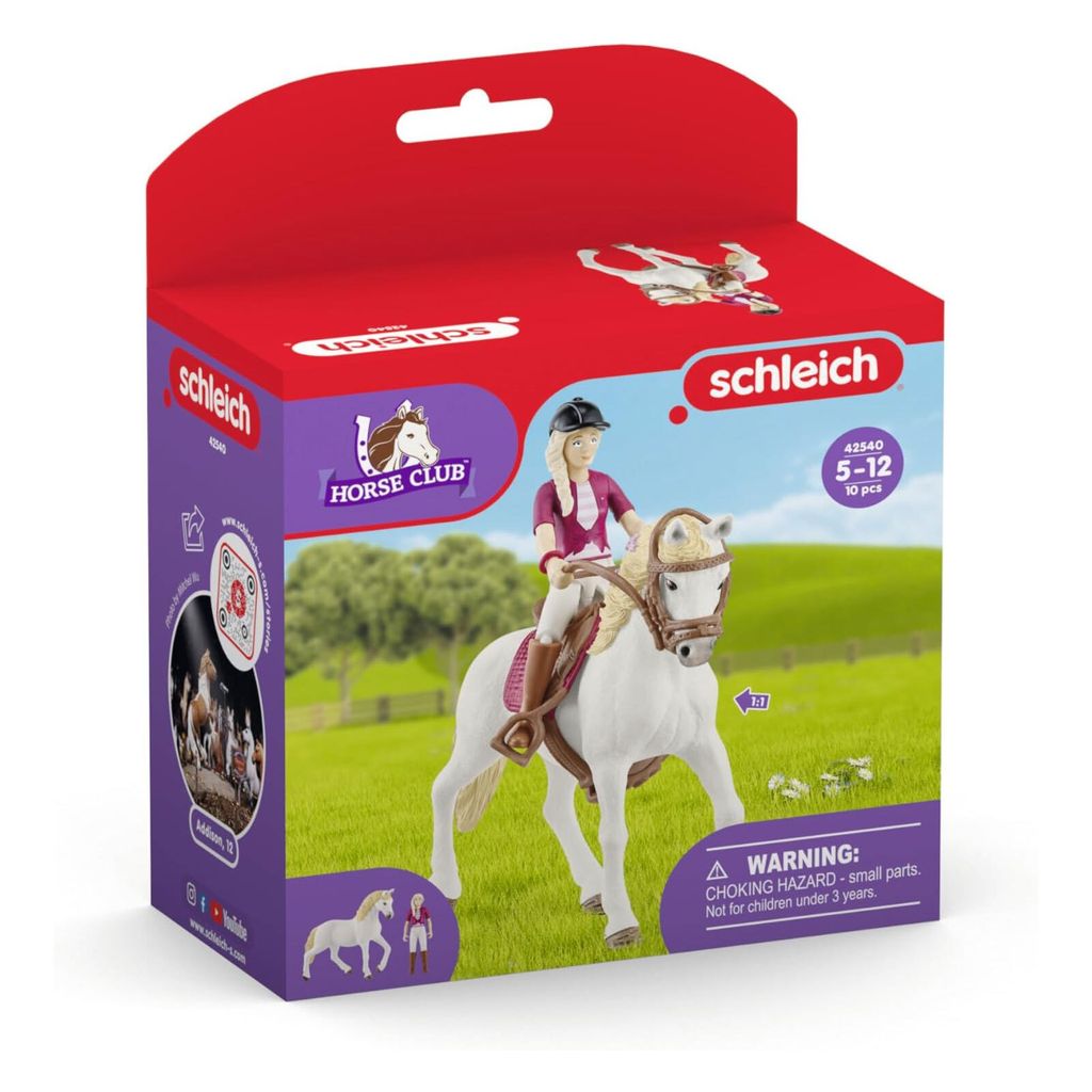 The image shows the retail packaging of a Schleich Horse Club toy set, featuring a girl riding a white horse.