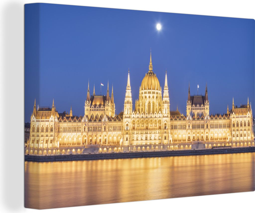 OneMillionCanvasses - Leinwandbilder - 140x90 cm, Ungarisches Parlamentsgebäude und Donau in der Abenddämmerung, Wandbilder Kunstdruck Wanddeko...