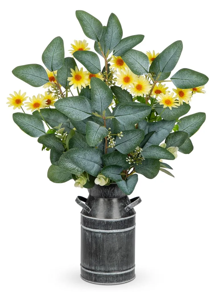 Eucalyptus artificiel réaliste en vase métal 45cm style champêtre chic