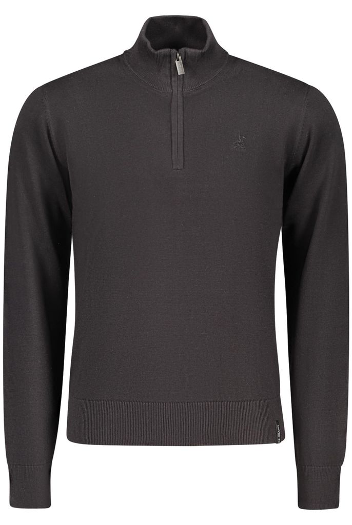 Schwarzer Herren-Pullover: Langarmshirt mit Reißverschluss & Stickerei