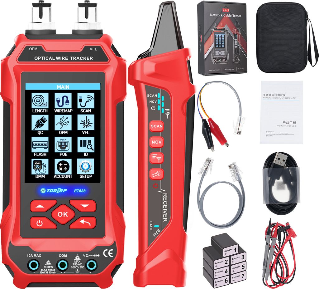ET638 5-in-1 Multifunktions-Netzwerkkabeltester Multimeter, AC/DC-Spannung, Dioden-, Widerstands-, Kapazitaetstest Optisches Leistungsmessgeraet Vi...