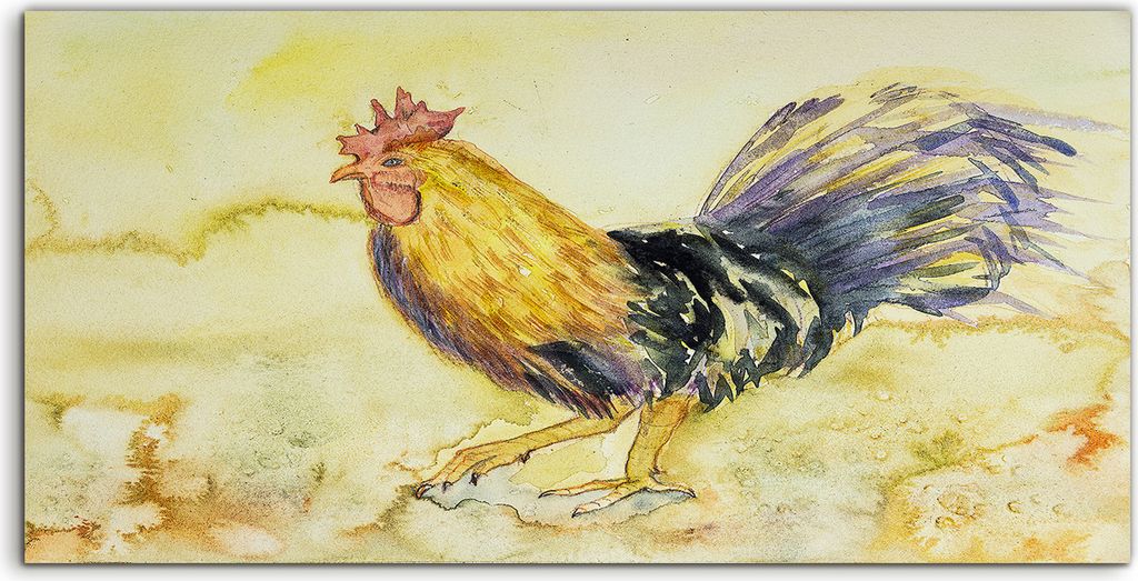Coloray Glasbild 140x70 Wandbild Glasbilder Kunst Hahn auf einem gelben Sandstrand
