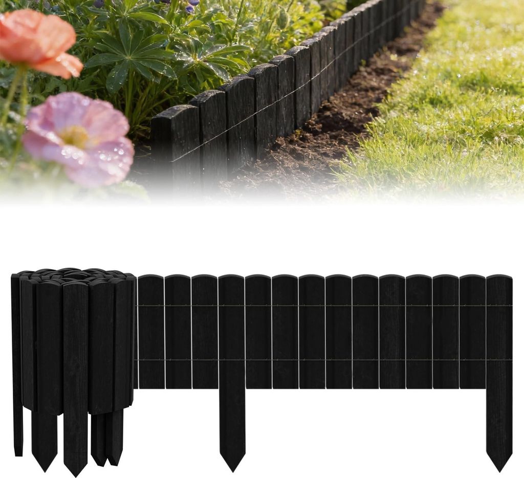 FIVMEN Rollborder Holzzaun 200 cm Lang, 10cm Hoch, Kiefernholz Beeteinfassung & Beetumrandung, Gartenpalisade Holz, Staketenzaun, Rasenkante für B...