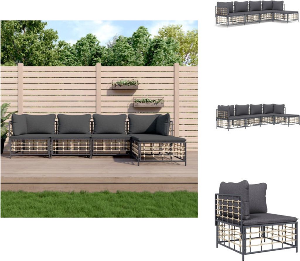 vidaXL 5-tlg. Garten-Lounge-Set mit Kissen Anthrazit Poly Rattan - Gartensofas