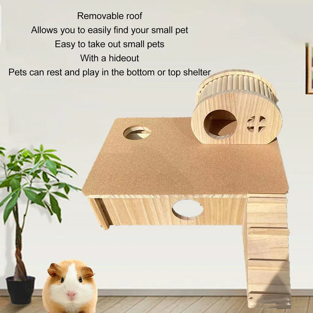 Maison en bois pour hamsters et cabane rongeur avec plateforme de jeu - 4