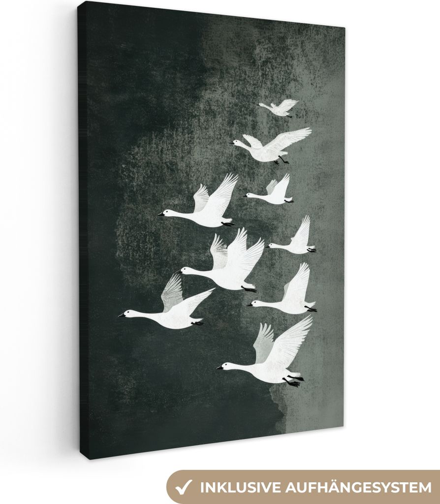 Leinwand Bilder 80x120 cm - Japandi - Vögel - Grün, Bild Modern, Wanddeko, Gemälde