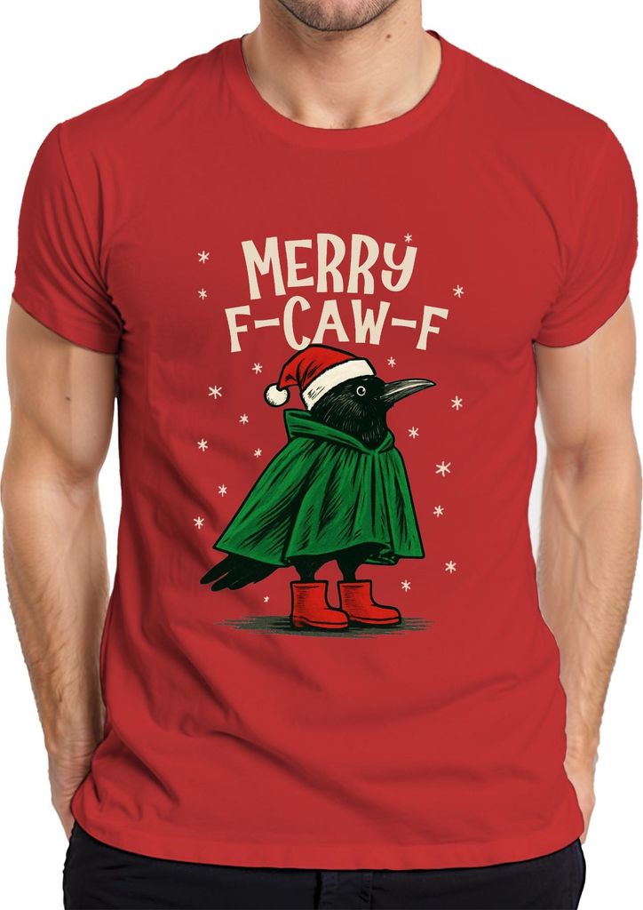 Merry F Caw F Krähe Weihnachten lustig Santa Hut Retro Herren T-Shirt, Rot, M