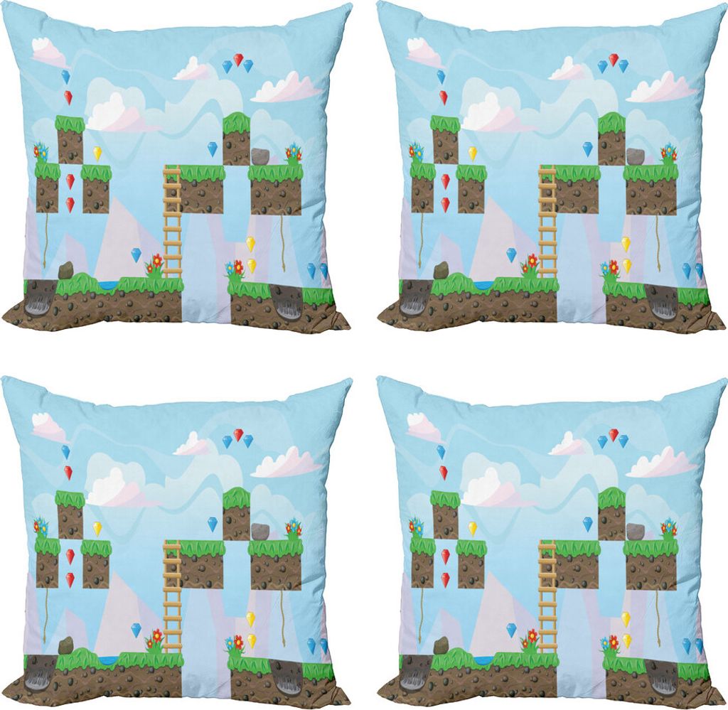 ABAKUHAUS Arkade Kissenbezug Set (4 Stück), Vintage Spiel Platform Kunst, Moderner Doppelseitiger Digitaldruck, 50 cm x 50 cm, Pale Sky Blue Multi...