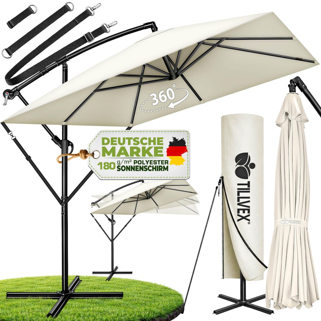 tillvex® Alu Sonnenschirm Rechteckig Ø 330 cm Beige + Produktbild 