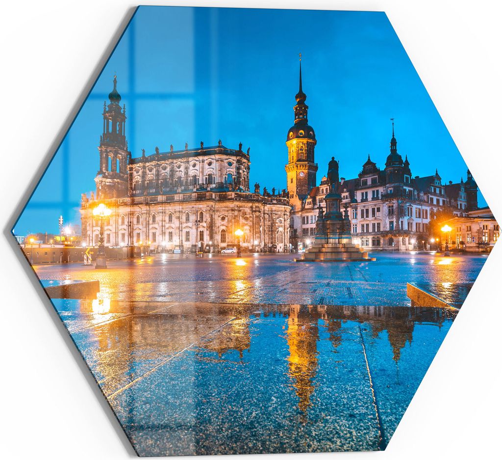DEQORI Glasbild Echtglas 40x35 cm 'Altstadt Dresden am Abend' Wandbild Bild modern Deko