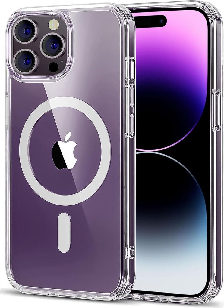 A clear protective case for an iPhone 14 Pro with MagSafe compatibility, showing the Apple logo and the phone's screen.