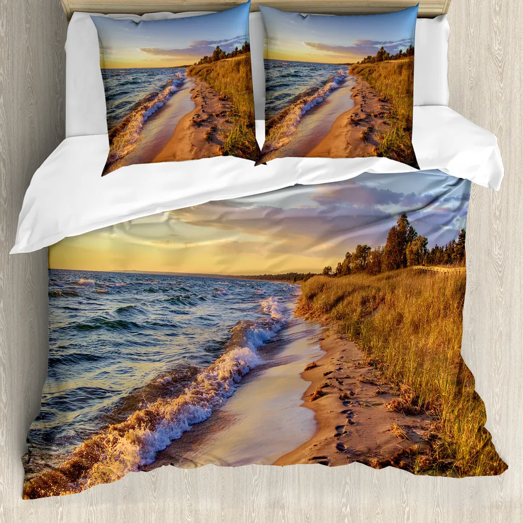 Copripiumino Loussiesd 3D Mare Oceano – Microfibra Stampata Con Palme E Tramonto – King Size Con 2 Federe