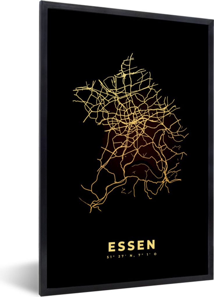 MuchoWow Gerahmtes Poster Karte - Gold - Essen - Stadtplan - Karte 20x30 cm - Poster mit Schwarzem Bilderrahmen Wandposter Rahmen Foto Bilder - D...