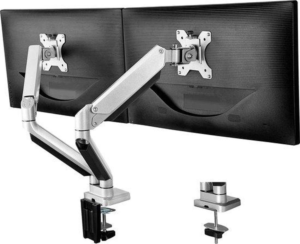 Monitorhalterung für zwei Monitore, Ergonomisch, Gasfeder, 46 cm höhenverstellbar, 52 cm ausziehbar, voll beweglich, C-Clip & Grommet