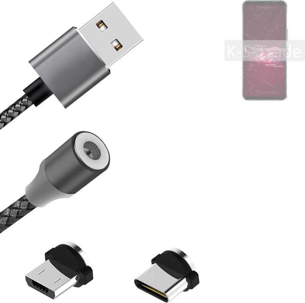 K-S-Trade Hochwertiges Magnet-Lade-kabel Sync-Kabel Daten-Kabel für Asus ROG Phone 6 mit USB-Typ-C-Anschluss und Micro-USB-Anschluss 2A bis zu