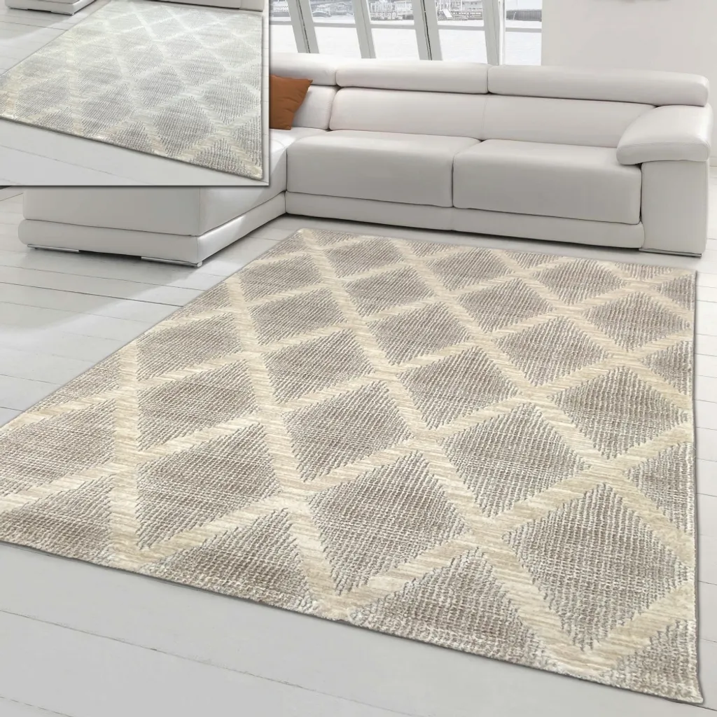 Tapis de chambre crème 120x170 cm avec motif losange élégant et doux