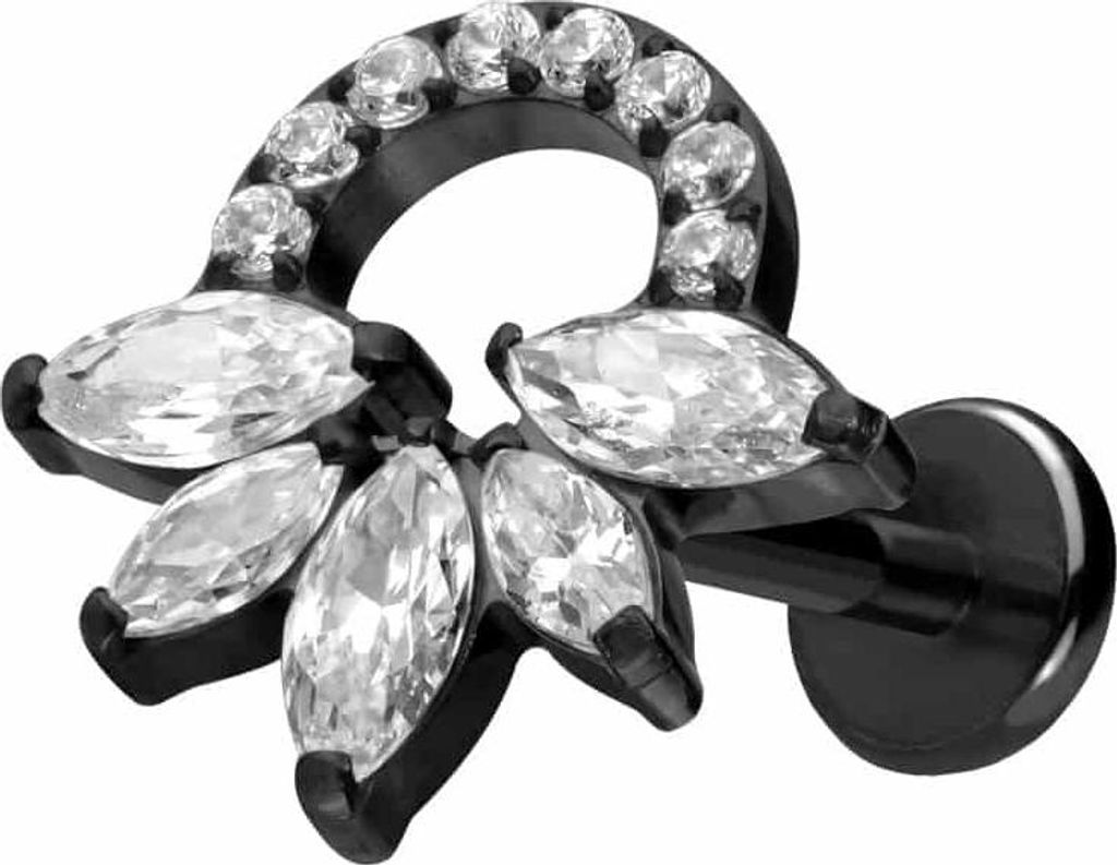 Ohrpiercing, Nasenpiercing Titan Labret mit Push Fit KRISTALLRASSEL Schwarz Stablänge: 7mm | Stabstärke: 1mm