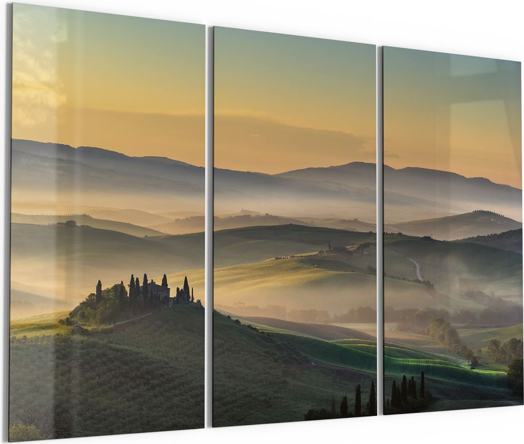 DEQORI Glasbild Echtglas 3x50x100 cm 'Toskanischer Morgenzauber' Wandbilder XXL groß
