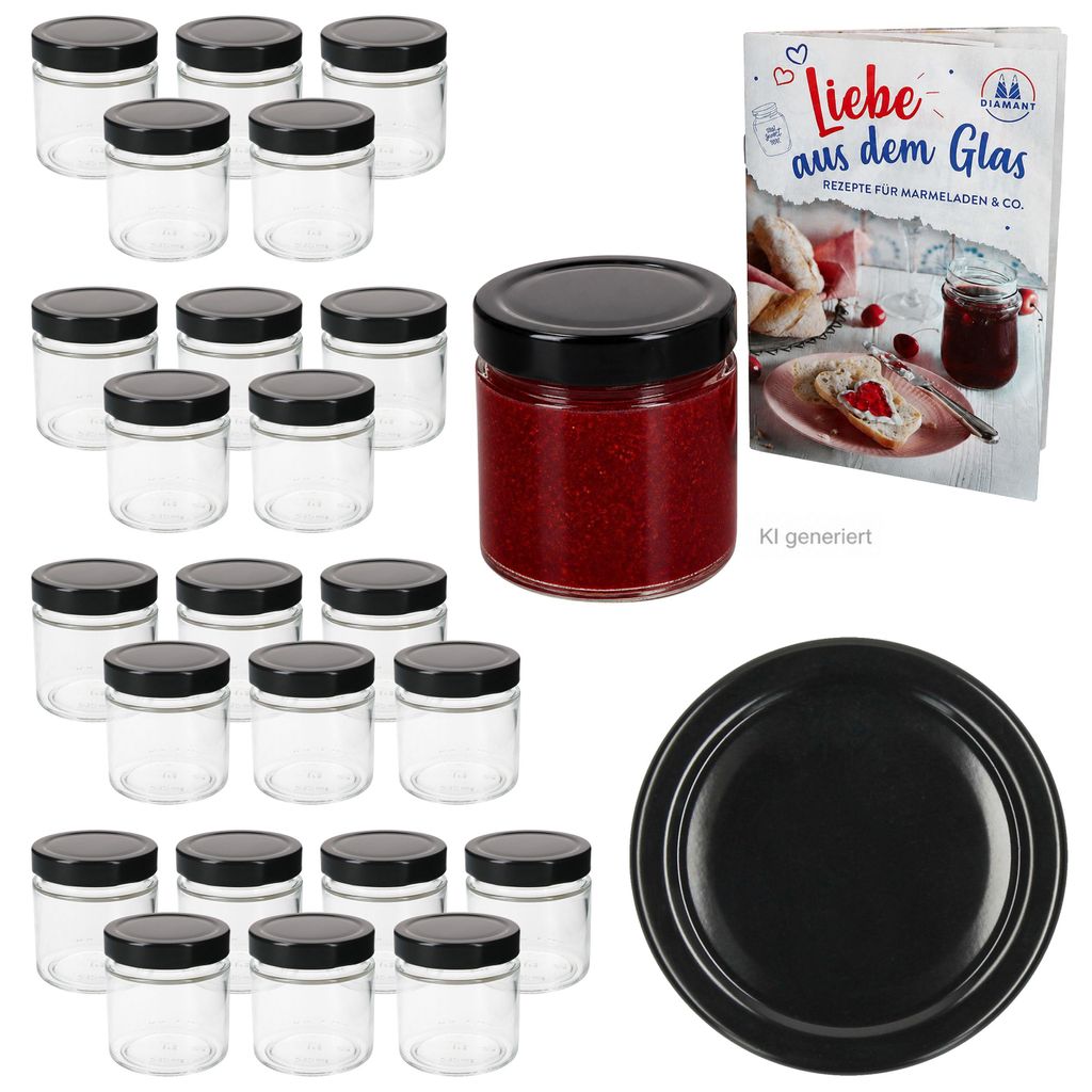 24er Set Marmeladenglas 212ml Deep Deckel Schwarz & Heft Produktbild 