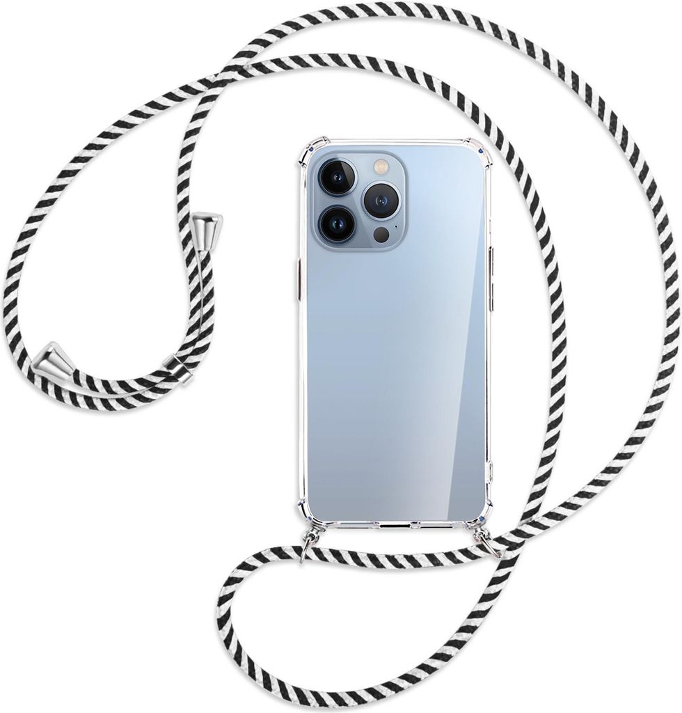 Handykette Backcover-Schutzhülle mit Band (Metall silberfarben) für Apple iPhone 13 Pro Max - schwarz/weiß gestreift