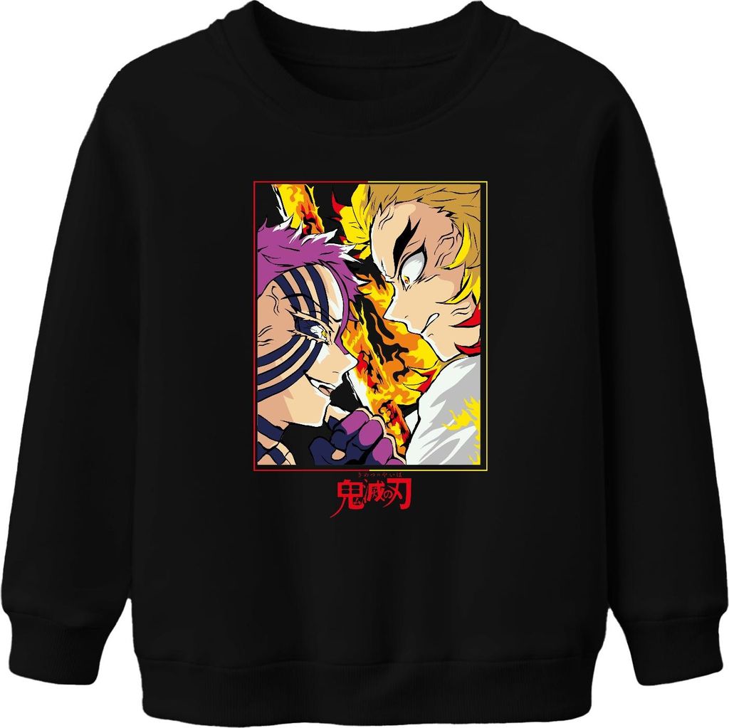 Demon Slayer Rengoku vs Akaza Flammen Kampf Anime Manga Geschenk Uni Kinder Sweatshirt Pullover, Schwarz, 104