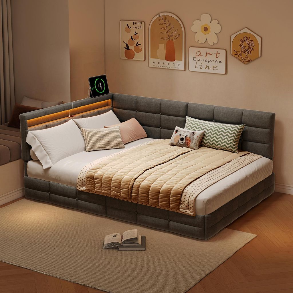 ProximaX Polsterbett 140x200 cm Grau mit RGB LED & USB/Type-C Steckdose, L-Form Sofa Bett, Doppelbett mit 2 Schubladen Stauraum, Leinenstoff