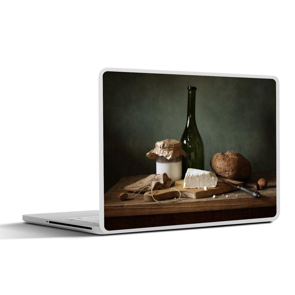 MuchoWow Laptop Aufkleber Sticker Cover Rustikal - Brie - Stillleben - Flasche - Brot 25x18 cm - Laptop-Deko
