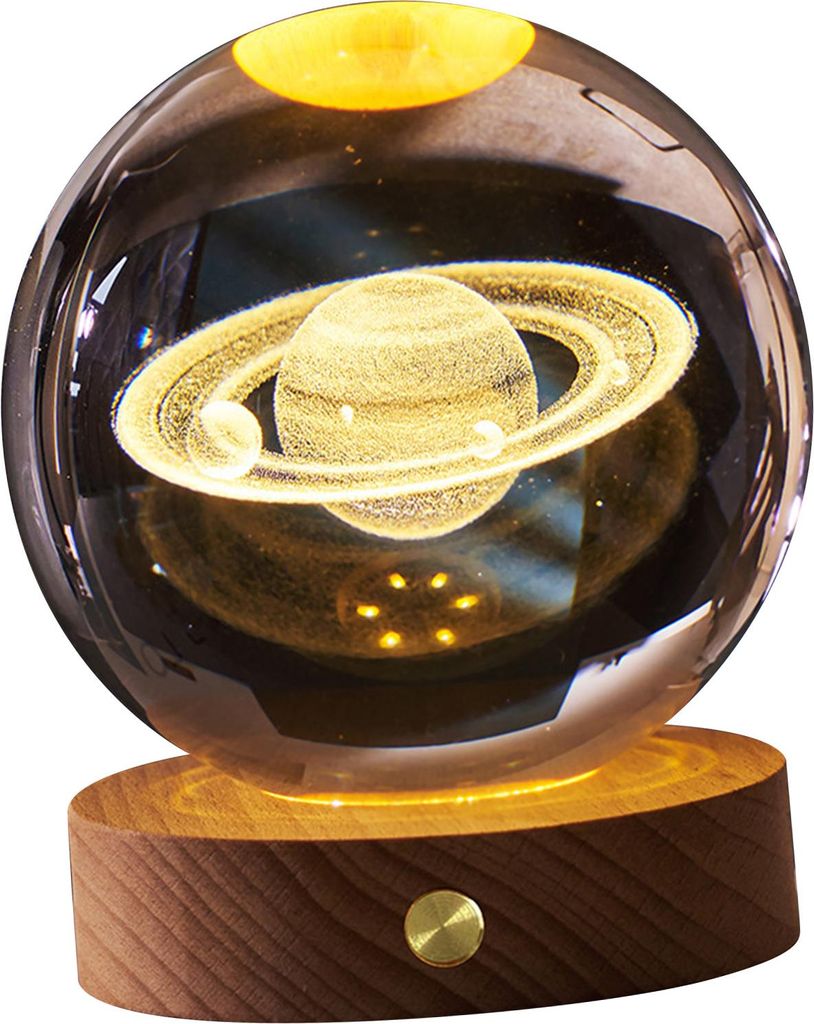 3D-Kristallkugel-Nachtlicht Wiederaufladbare Batterie Soft Light Multifunktions-Kristallkugel-Lampe mit hölzernen Basis für Haus Schlafzimmer Saturn