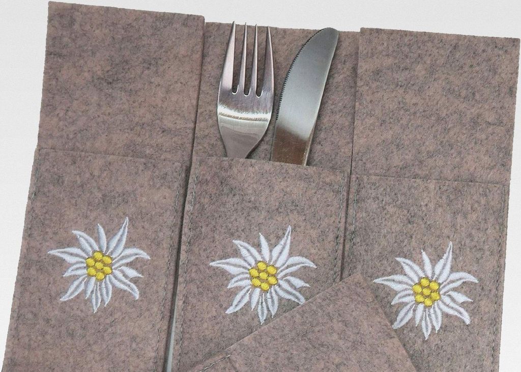 4er Set Filz Bestecktaschen Edelweiß beige meliert