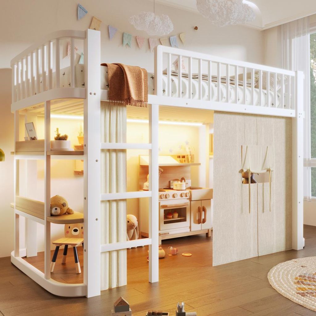 Hochbett Kinderbett mit Verdunkelungsvorhängen,individuell Produktbild 