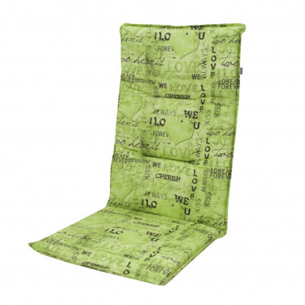 A green chair cushion with a pattern of text and hearts.