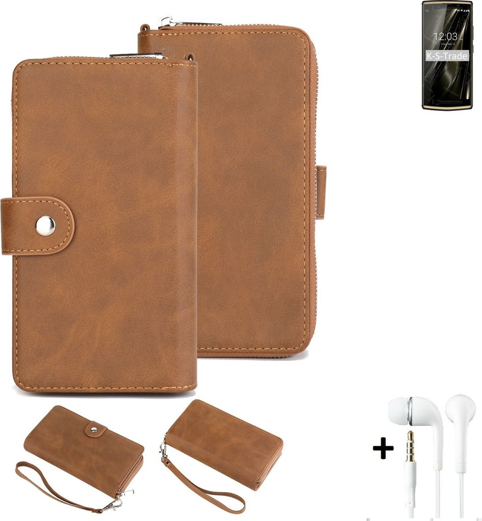 K-S-Trade Handy Schutz Hülle kompatibel mit Oukitel K7 Pro + Kopfhörer Portemonnee Tasche Wallet-Case Bookstyle-Etui braun (1x)