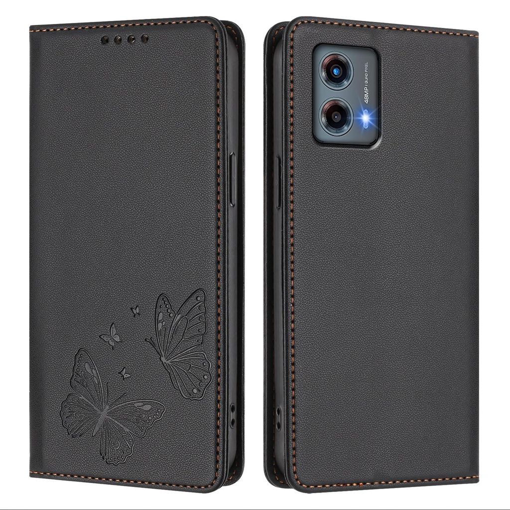 Lederhülle für Motorola Moto G 5G 2023, Schmetterling Prägung Leder Brieftasche Schutzhülle mit Ständer Schwarz